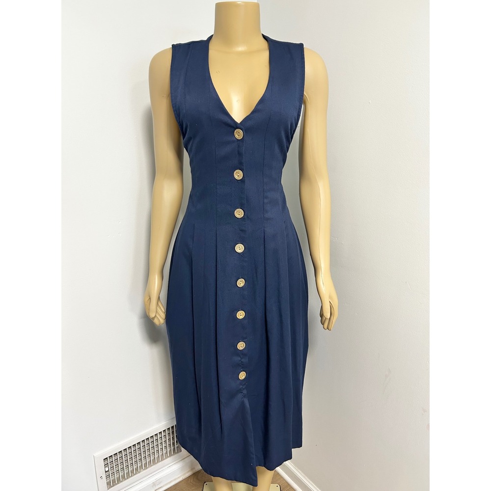 Y2K 90s Willow Ridge Vintage Navy Blue Button Down Pleated Midi Dress 10P USA